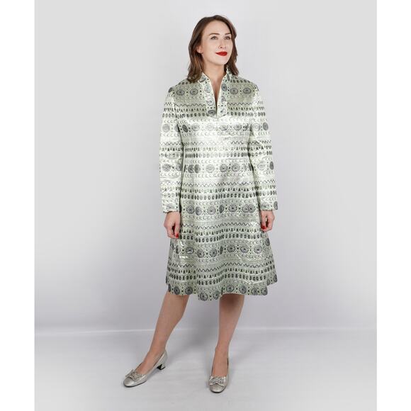 Vintage 1960s Nardiello Rona New York Metallic Mint Brocade Shift Dress | M/L - Picture 2 of 8